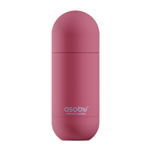 A stylish ASOBU ORB stainless steel water bottle with a ceramic coating, featuring a two-tone color design, pink on the top and green on the bottom with a white capsule shape in the middle.